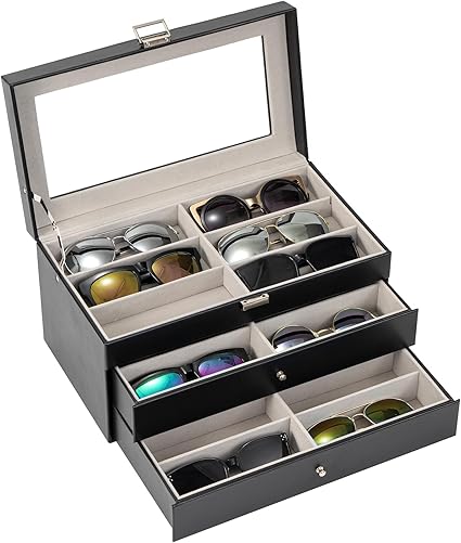 3-layer Sunglasses Storage Organizer, 18 Slots Leather Sunglass Box Multiple Pairs Eyeglass Cases Eye Glass Eyewear Display Holder for Men Women, Valentine's Day Gift -Black