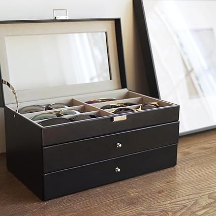 3-layer Sunglasses Storage Organizer, 18 Slots Leather Sunglass Box Multiple Pairs Eyeglass Cases Eye Glass Eyewear Display Holder for Men Women, Valentine's Day Gift -Black