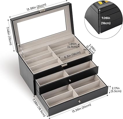 3-layer Sunglasses Storage Organizer, 18 Slots Leather Sunglass Box Multiple Pairs Eyeglass Cases Eye Glass Eyewear Display Holder for Men Women, Valentine's Day Gift -Black
