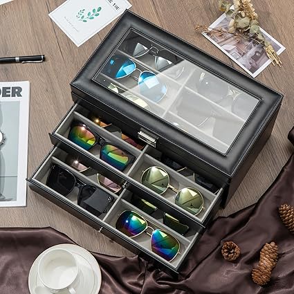 3-layer Sunglasses Storage Organizer, 18 Slots Leather Sunglass Box Multiple Pairs Eyeglass Cases Eye Glass Eyewear Display Holder for Men Women, Valentine's Day Gift -Black
